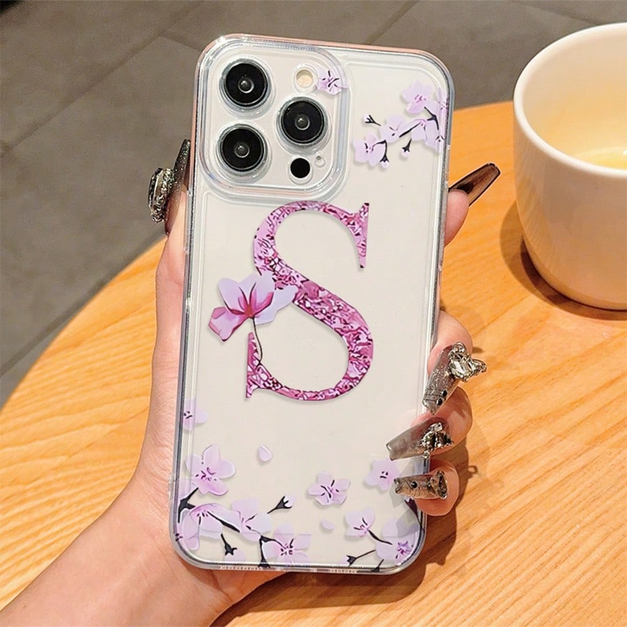 Letter Elements TPU 1pc Floral Letter M Personalized Transparent Full Body Shockproof Phone Case Compatible With Iphone 17 16 15 14 13 12 11 Pro Max, A55/54/53/52/51, S25/24/23/22/21 Ultra Birthday Gi