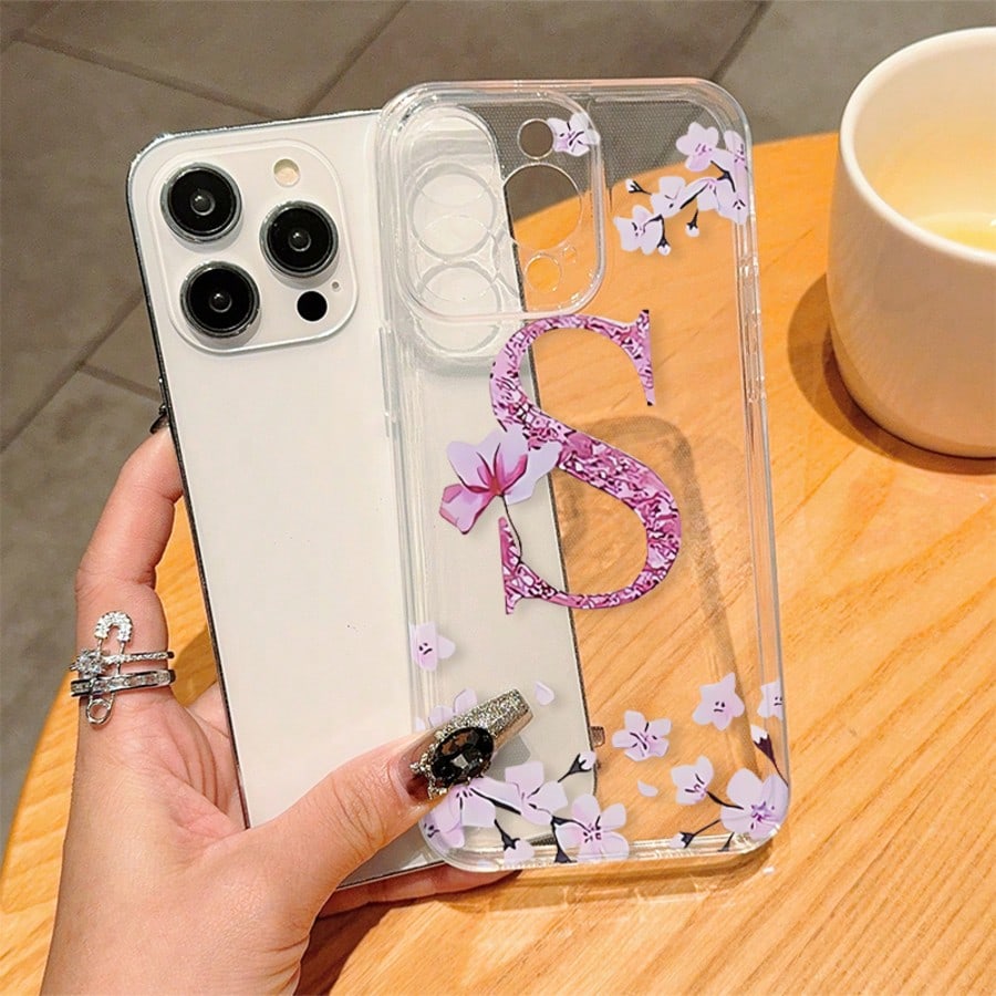 Letter Elements TPU 1pc Floral Letter M Personalized Transparent Full Body Shockproof Phone Case Compatible With Iphone 17 16 15 14 13 12 11 Pro Max, A55/54/53/52/51, S25/24/23/22/21 Ultra Birthday Gi