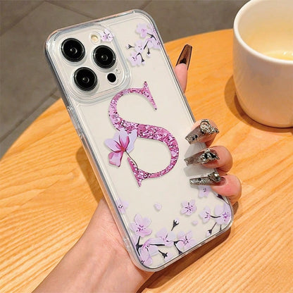 Letter Elements TPU 1pc Floral Letter M Personalized Transparent Full Body Shockproof Phone Case Compatible With Iphone 17 16 15 14 13 12 11 Pro Max, A55/54/53/52/51, S25/24/23/22/21 Ultra Birthday Gi