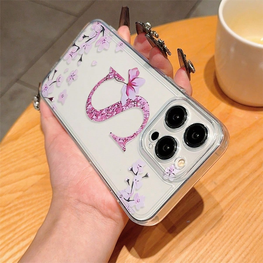 Letter Elements TPU 1pc Floral Letter M Personalized Transparent Full Body Shockproof Phone Case Compatible With Iphone 17 16 15 14 13 12 11 Pro Max, A55/54/53/52/51, S25/24/23/22/21 Ultra Birthday Gi