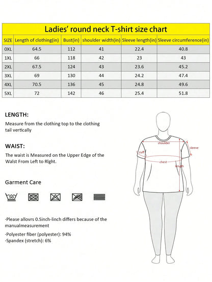 Letter Print Round Neck Graphic T-Shirt, Plus Size Women's Casual Summer Top, Suitable For Summer Vacation, Beach, Holiday, Spring, Carnival, Graduation Short Sleeve Top; Back To School Outfit; Gradua