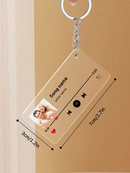 LICVIC 1/2Pcs Custom Acrylic Music Player Keychain, Personalized Song Plaque, Photo Text Song Keychains, Customizable Keyring, 7x3cm Black White Transparent, Keychain