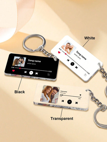LICVIC 1/2Pcs Custom Acrylic Music Player Keychain, Personalized Song Plaque, Photo Text Song Keychains, Customizable Keyring, 7x3cm Black White Transparent, Keychain