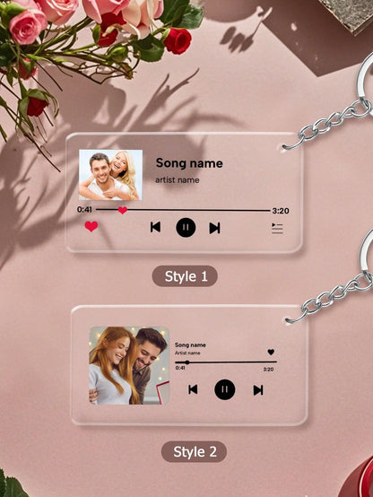 LICVIC 1/2Pcs Custom Acrylic Music Player Keychain, Personalized Song Plaque, Photo Text Song Keychains, Customizable Keyring, 7x3cm Black White Transparent, Keychain