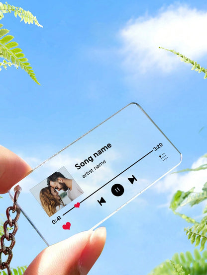 LICVIC 1/2Pcs Custom Acrylic Music Player Keychain, Personalized Song Plaque, Photo Text Song Keychains, Customizable Keyring, 7x3cm Black White Transparent, Keychain