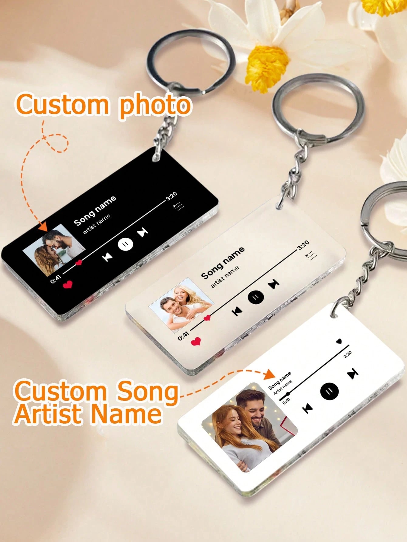 LICVIC 1/2Pcs Custom Acrylic Music Player Keychain, Personalized Song Plaque, Photo Text Song Keychains, Customizable Keyring, 7x3cm Black White Transparent, Keychain