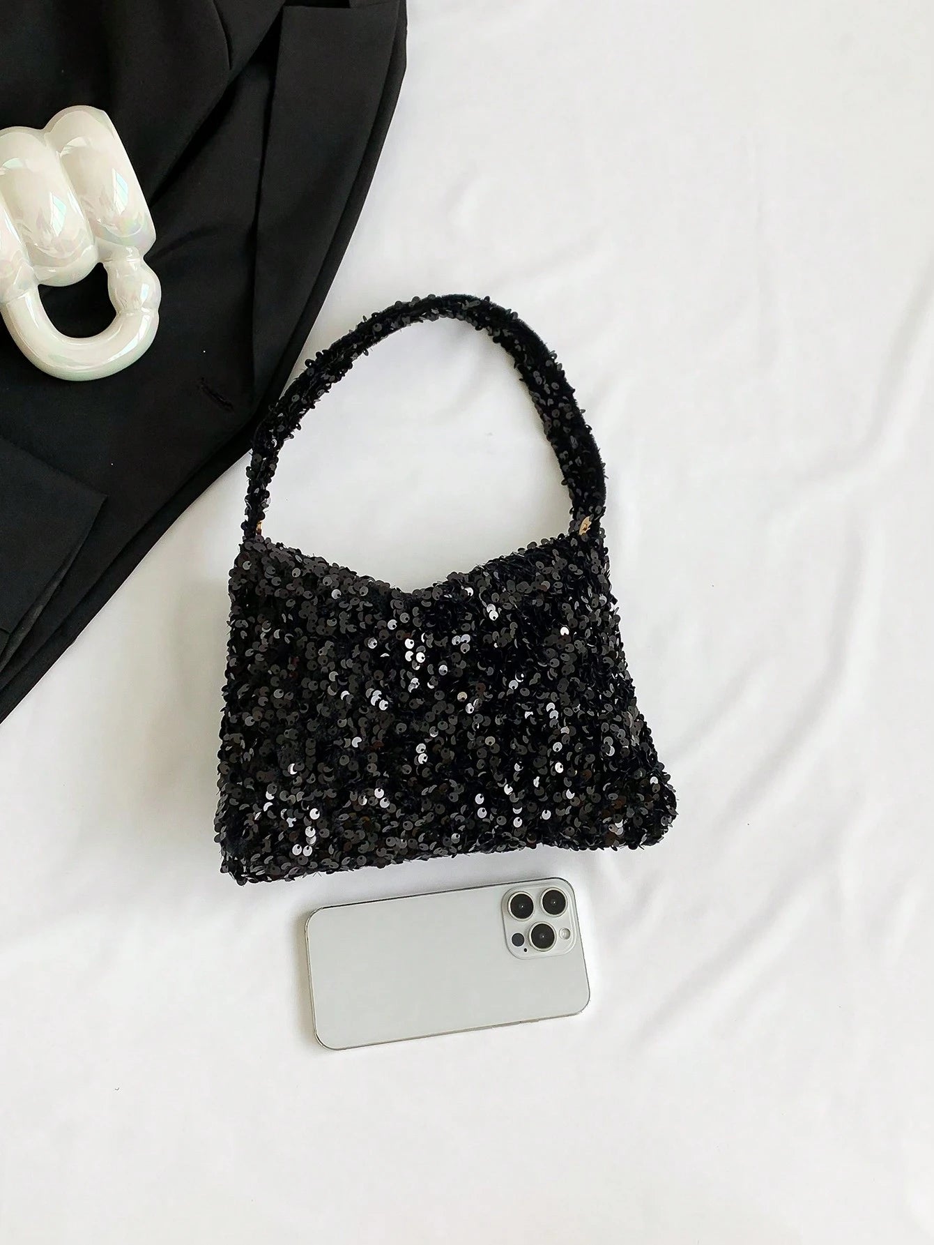 Lightweight, Business Casual Rhinestone Decor Bucket Bag Mini Drawstring Design, Clear Bag Faux Pearl Bag Evening Bag, Dinner Bag Glamorous, Elegant, Exquisite, Quiet Luxury Rhinestone For Party Girl