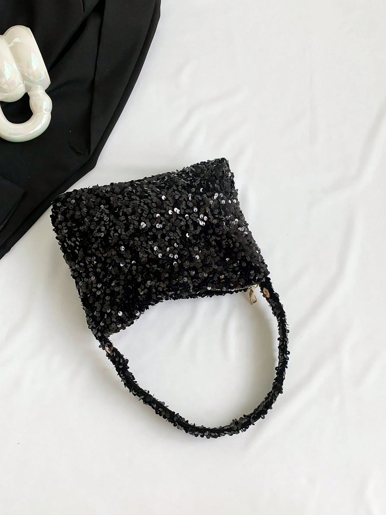 Lightweight, Business Casual Rhinestone Decor Bucket Bag Mini Drawstring Design, Clear Bag Faux Pearl Bag Evening Bag, Dinner Bag Glamorous, Elegant, Exquisite, Quiet Luxury Rhinestone For Party Girl
