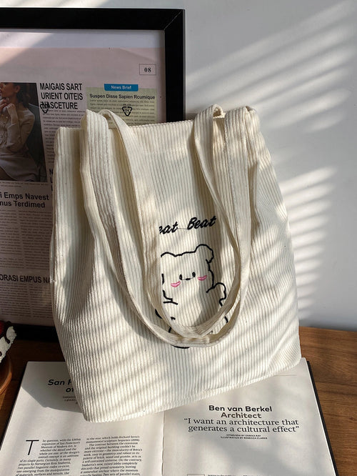 Lightweight,Business Casual Letter & Cartoon Bear Embroidery Corduroy Square Bag For Teen Girls Women College Students,Rookies & White-Collar Workers Perfect For Office,College,Work,Business,Commute