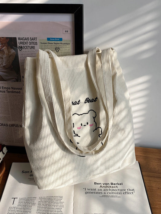Lightweight,Business Casual Letter & Cartoon Bear Embroidery Corduroy Square Bag For Teen Girls Women College Students,Rookies & White-Collar Workers Perfect For Office,College,Work,Business,Commute