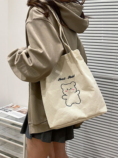 Lightweight,Business Casual Letter & Cartoon Bear Embroidery Corduroy Square Bag For Teen Girls Women College Students,Rookies & White-Collar Workers Perfect For Office,College,Work,Business,Commute