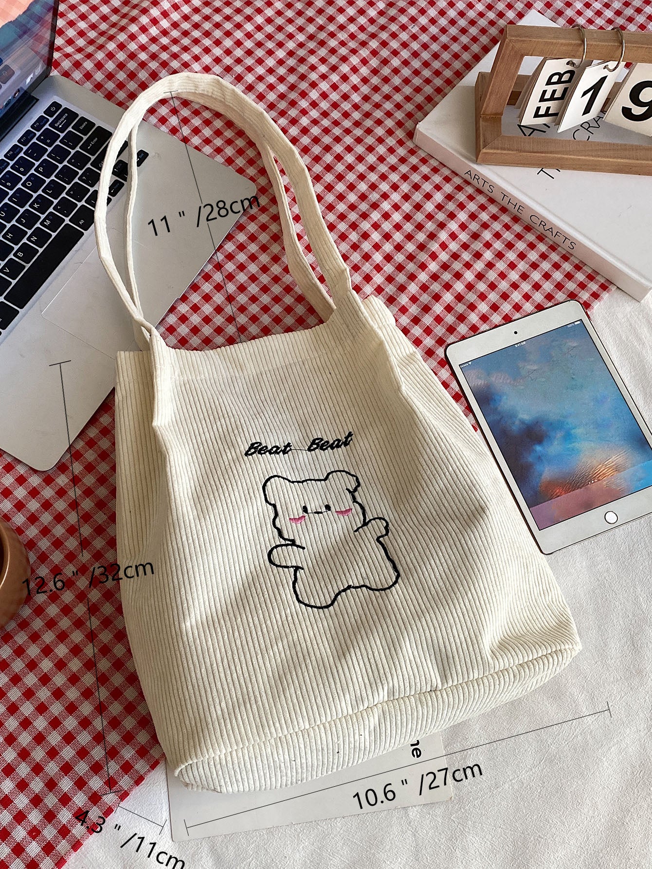Lightweight,Business Casual Letter & Cartoon Bear Embroidery Corduroy Square Bag For Teen Girls Women College Students,Rookies & White-Collar Workers Perfect For Office,College,Work,Business,Commute