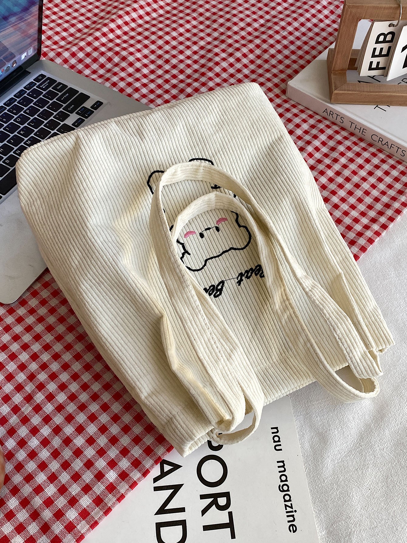 Lightweight,Business Casual Letter & Cartoon Bear Embroidery Corduroy Square Bag For Teen Girls Women College Students,Rookies & White-Collar Workers Perfect For Office,College,Work,Business,Commute