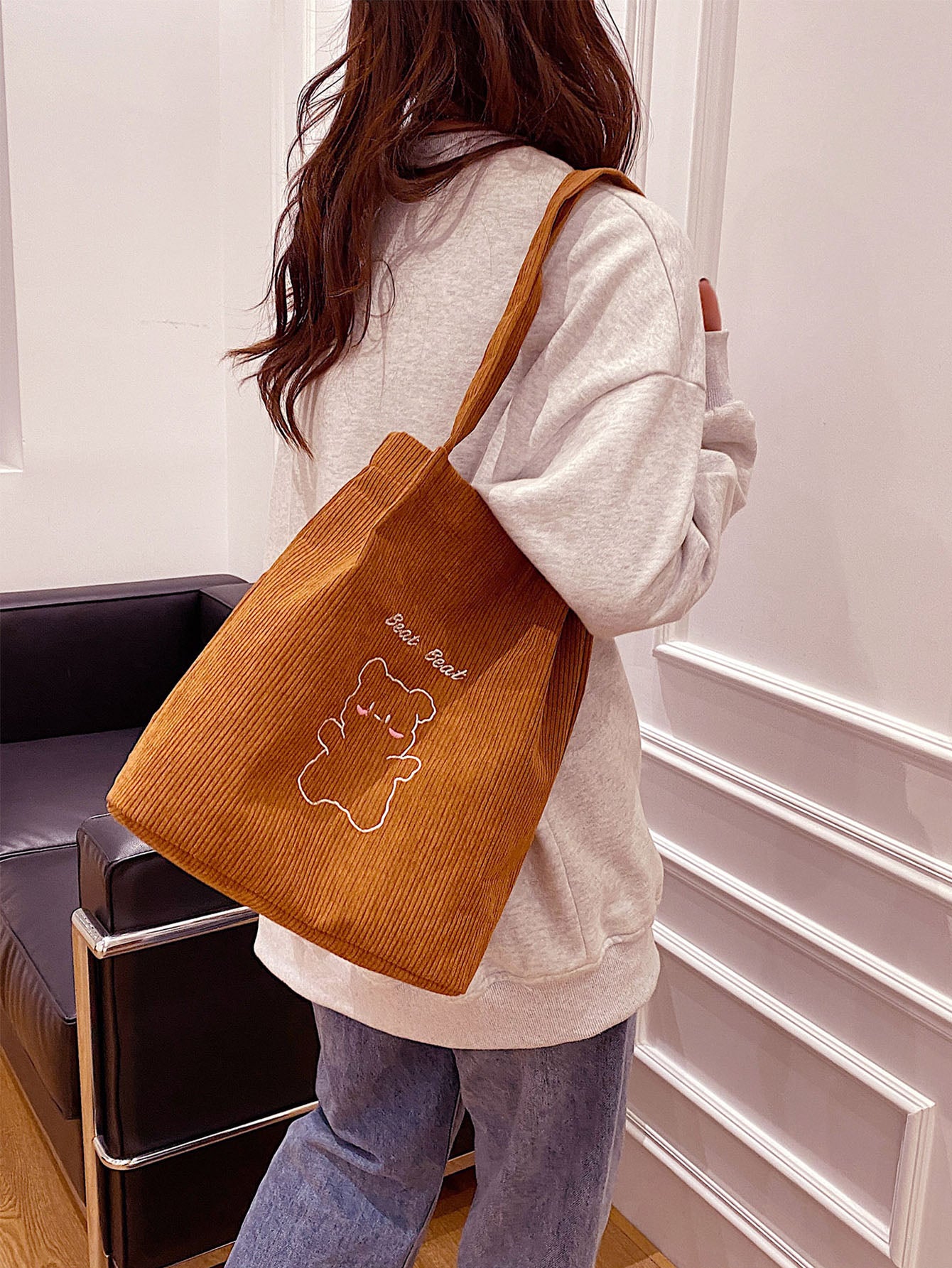 Lightweight,Business Casual Letter & Cartoon Bear Embroidery Corduroy Square Bag For Teen Girls Women College Students,Rookies & White-Collar Workers Perfect For Office,College,Work,Business,Commute
