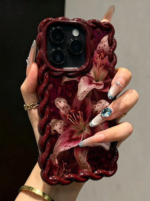 Lily Leopard Print Colorful Flat Printed Burgundy Twisted Soft Shell Phone Case Compatible With IP17/IP17PROMAX/IPhone16/IPhone16Pro/IPhone16ProMax/IPhone15/XR/7P8P/P12ProMax/P13ProMax/P14ProMax/P13/P