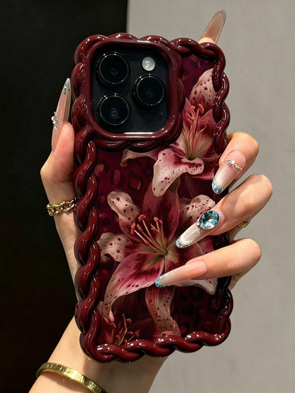 Lily Leopard Print Colorful Flat Printed Burgundy Twisted Soft Shell Phone Case Compatible With IP17/IP17PROMAX/IPhone16/IPhone16Pro/IPhone16ProMax/IPhone15/XR/7P8P/P12ProMax/P13ProMax/P14ProMax/P13/P