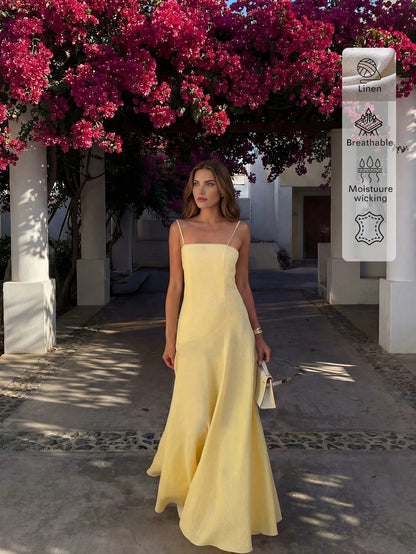 Linen Casual Vacation Dress, Solid Color Slim Fit Linen Spaghetti Strap Dress For Beach Travel Elegant Summer Yellow