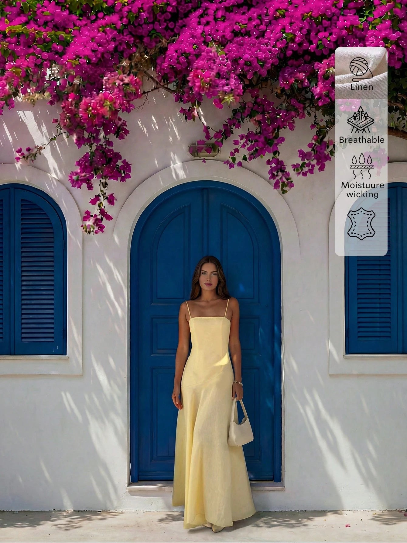 Linen Casual Vacation Dress, Solid Color Slim Fit Linen Spaghetti Strap Dress For Beach Travel Elegant Summer Yellow