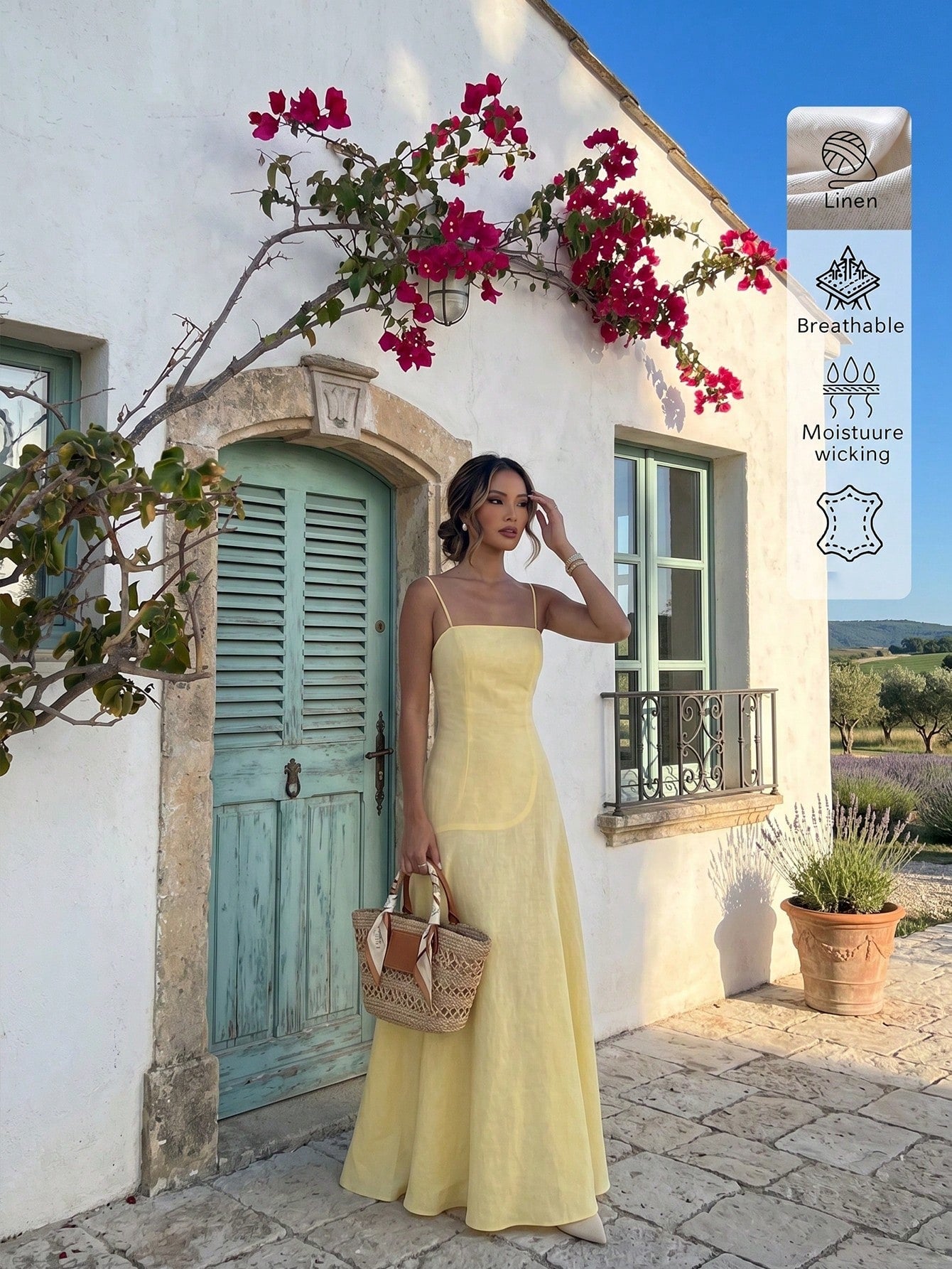 Linen Casual Vacation Dress, Solid Color Slim Fit Linen Spaghetti Strap Dress For Beach Travel Elegant Summer Yellow
