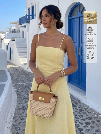 Linen Casual Vacation Dress, Solid Color Slim Fit Linen Spaghetti Strap Dress For Beach Travel Elegant Summer Yellow