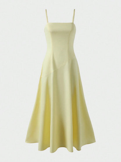 Linen Casual Vacation Dress, Solid Color Slim Fit Linen Spaghetti Strap Dress For Beach Travel Elegant Summer Yellow