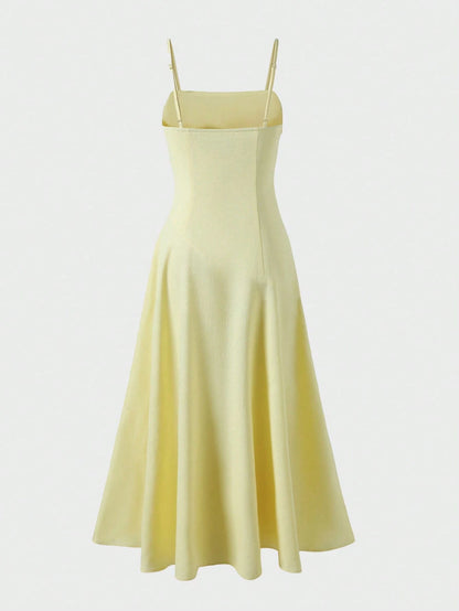 Linen Casual Vacation Dress, Solid Color Slim Fit Linen Spaghetti Strap Dress For Beach Travel Elegant Summer Yellow