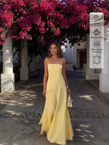 Linen Casual Vacation Dress, Solid Color Slim Fit Linen Spaghetti Strap Dress For Beach Travel Elegant Summer Yellow