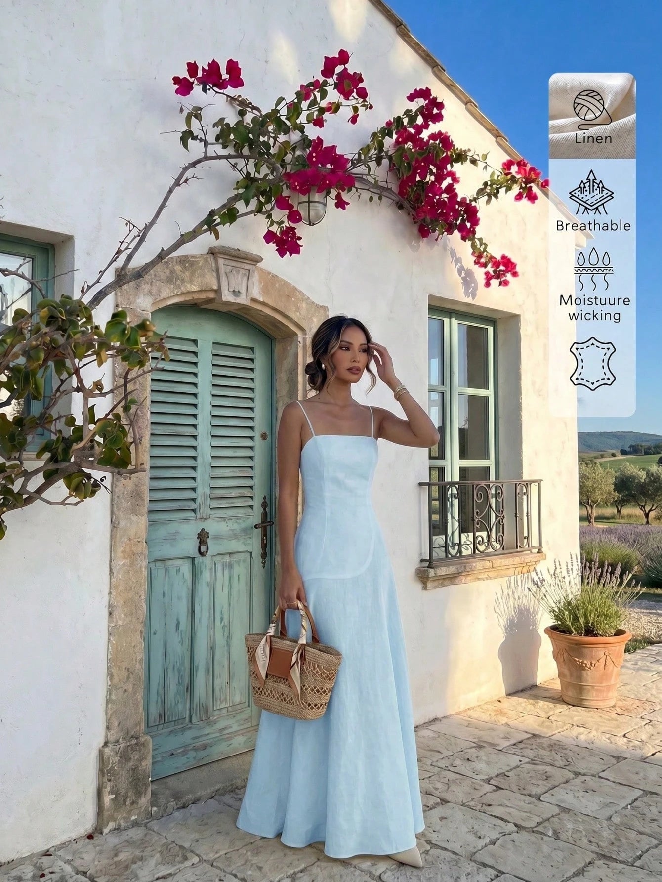 Linen Vacation Beach Travel Style Solid Color Linen Casual Slim Fit Spaghetti Strap Dress Elegant Summer, Resort Wear, Effortless Style
