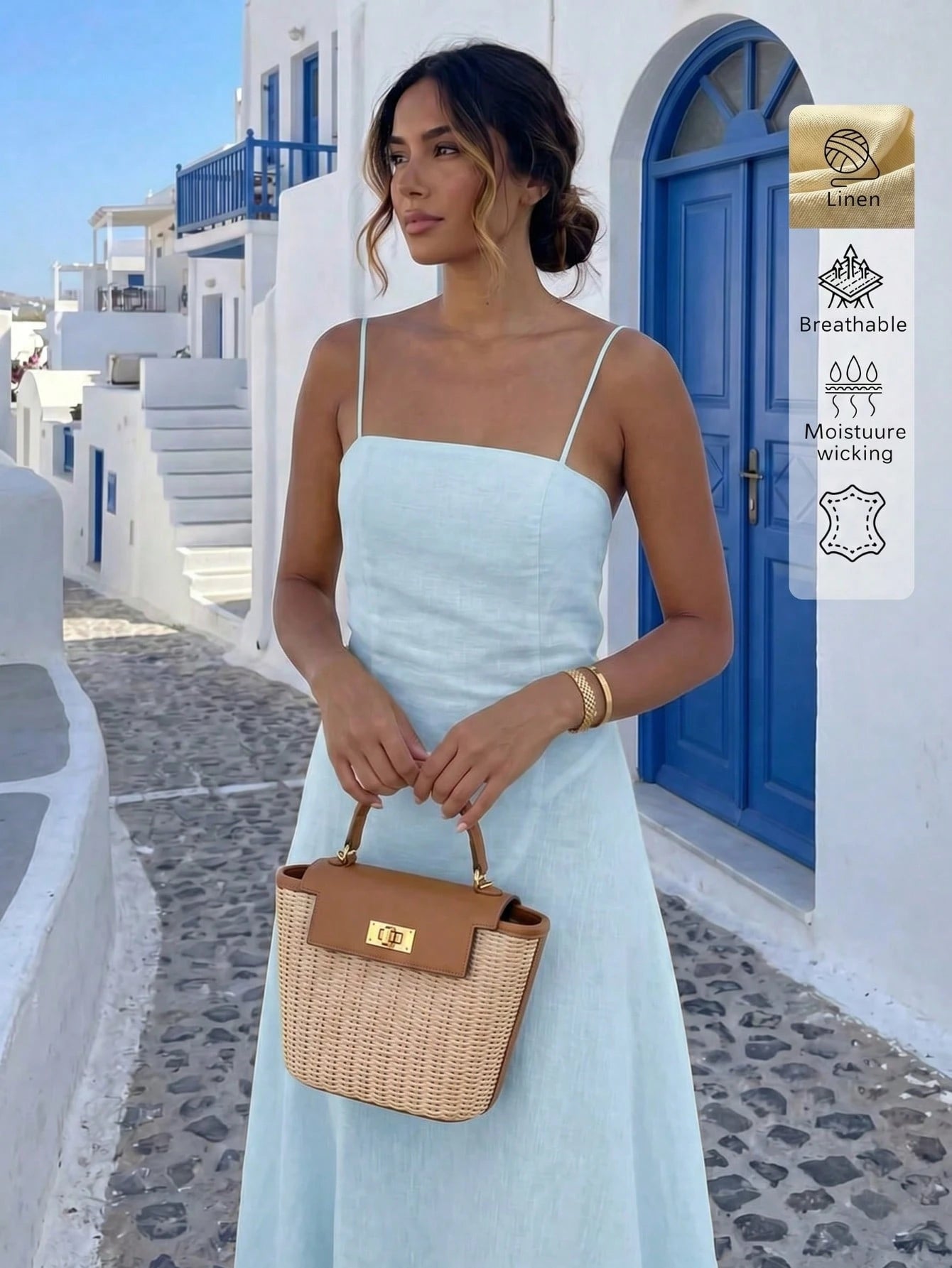 Linen Vacation Beach Travel Style Solid Color Linen Casual Slim Fit Spaghetti Strap Dress Elegant Summer, Resort Wear, Effortless Style