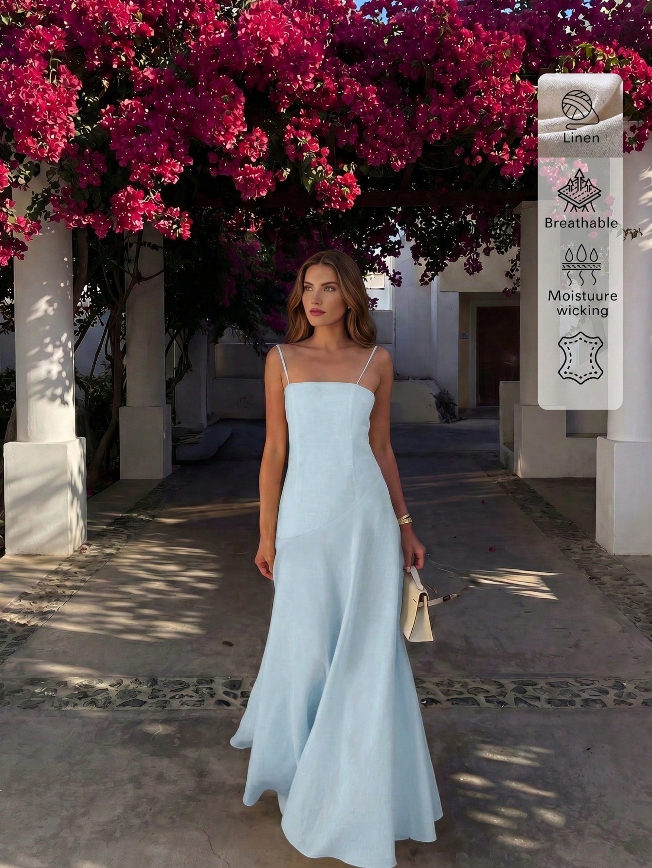 Linen Vacation Beach Travel Style Solid Color Linen Casual Slim Fit Spaghetti Strap Dress Elegant Summer, Resort Wear, Effortless Style