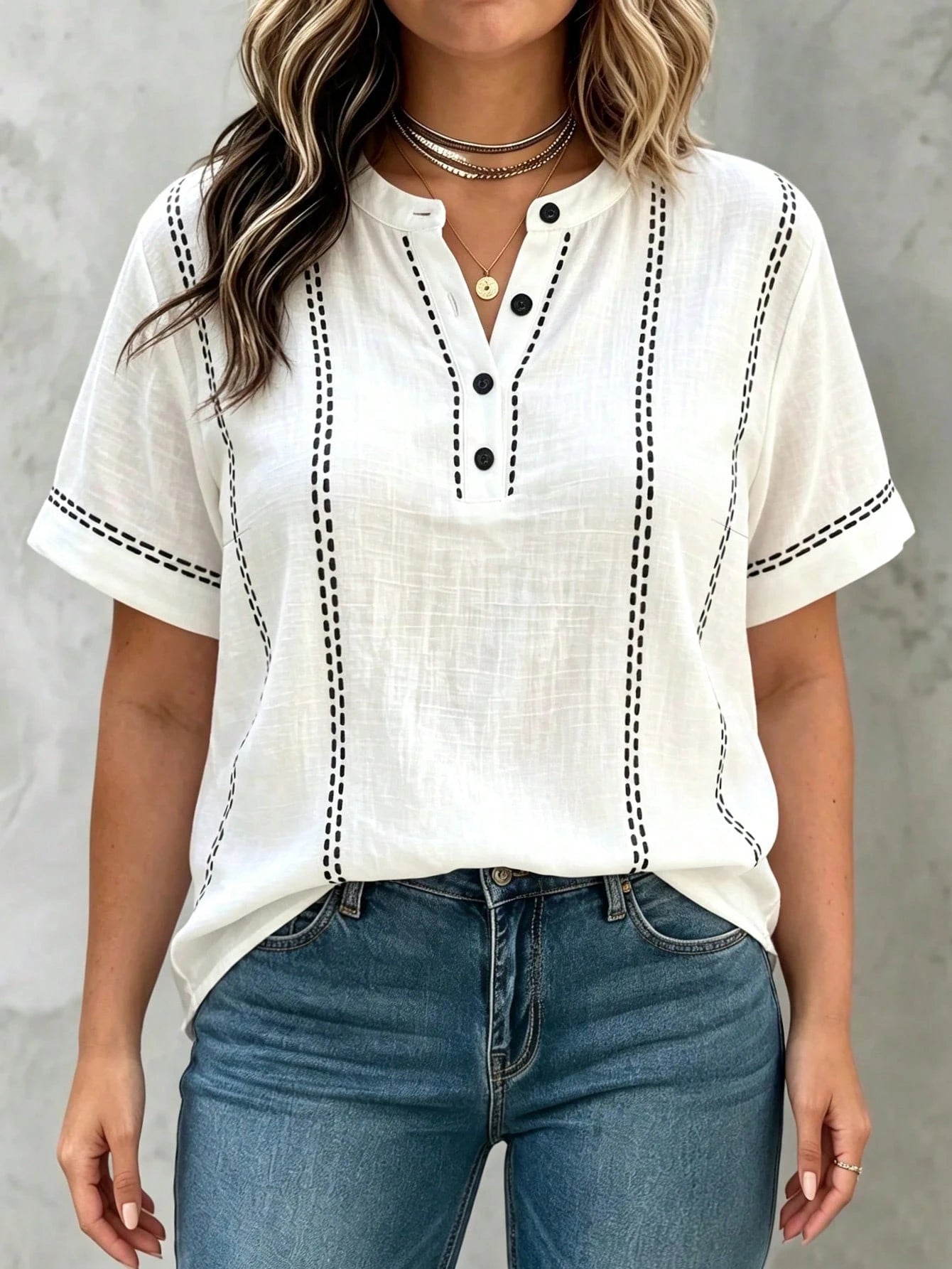 Linhara Curve Plus Size Women's Summer Minimalist Casual Fitted Small Stand Collar Striped Print Shirt, Suitable For Daily Wear