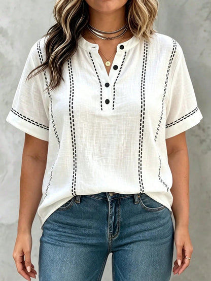 Linhara Curve Plus Size Women's Summer Minimalist Casual Fitted Small Stand Collar Striped Print Shirt, Suitable For Daily Wear