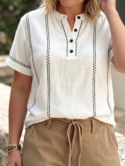 Linhara Curve Plus Size Women's Summer Minimalist Casual Fitted Small Stand Collar Striped Print Shirt, Suitable For Daily Wear