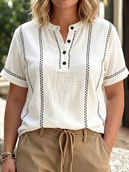 Linhara Curve Plus Size Women's Summer Minimalist Casual Fitted Small Stand Collar Striped Print Shirt, Suitable For Daily Wear