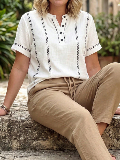 Linhara Curve Plus Size Women's Summer Minimalist Casual Fitted Small Stand Collar Striped Print Shirt, Suitable For Daily Wear