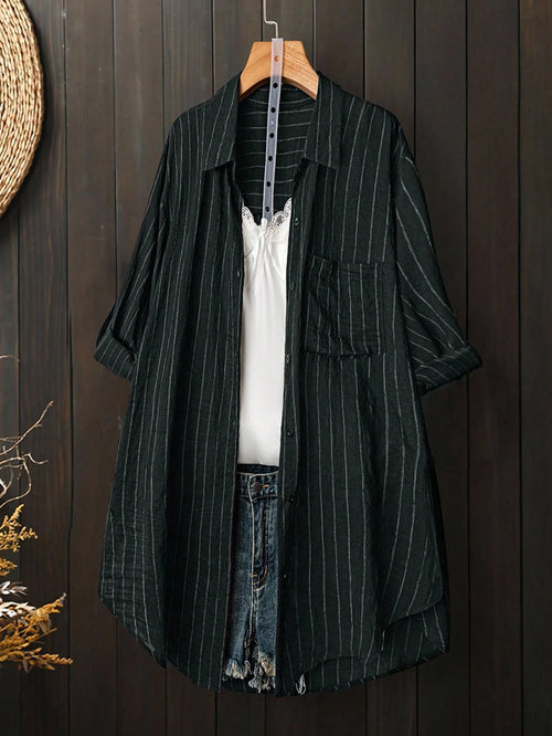 Linhara Plus Size Striped Loose Casual Long Sleeve Shirt Fall Cloth For Women