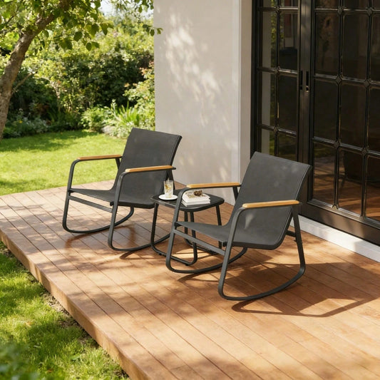 Lofka Outdoor Rocking Chair Set With Side Table- 3 Pieces Patio Furniture Sets For Deck, Porch, Garden, Black