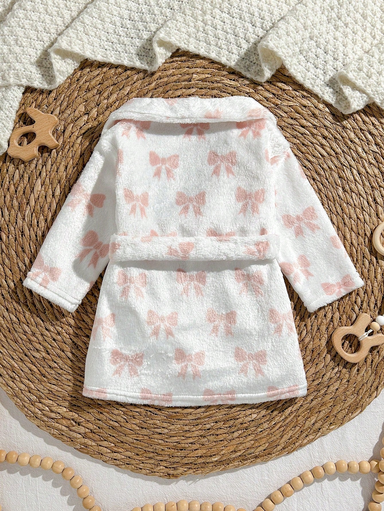 Loomiva Newborn Baby Pajamas Pink Bow Print Belted Long Sleeve Tie-Up Robe Comfortable Loungewear Set, Suitable For Home Wear