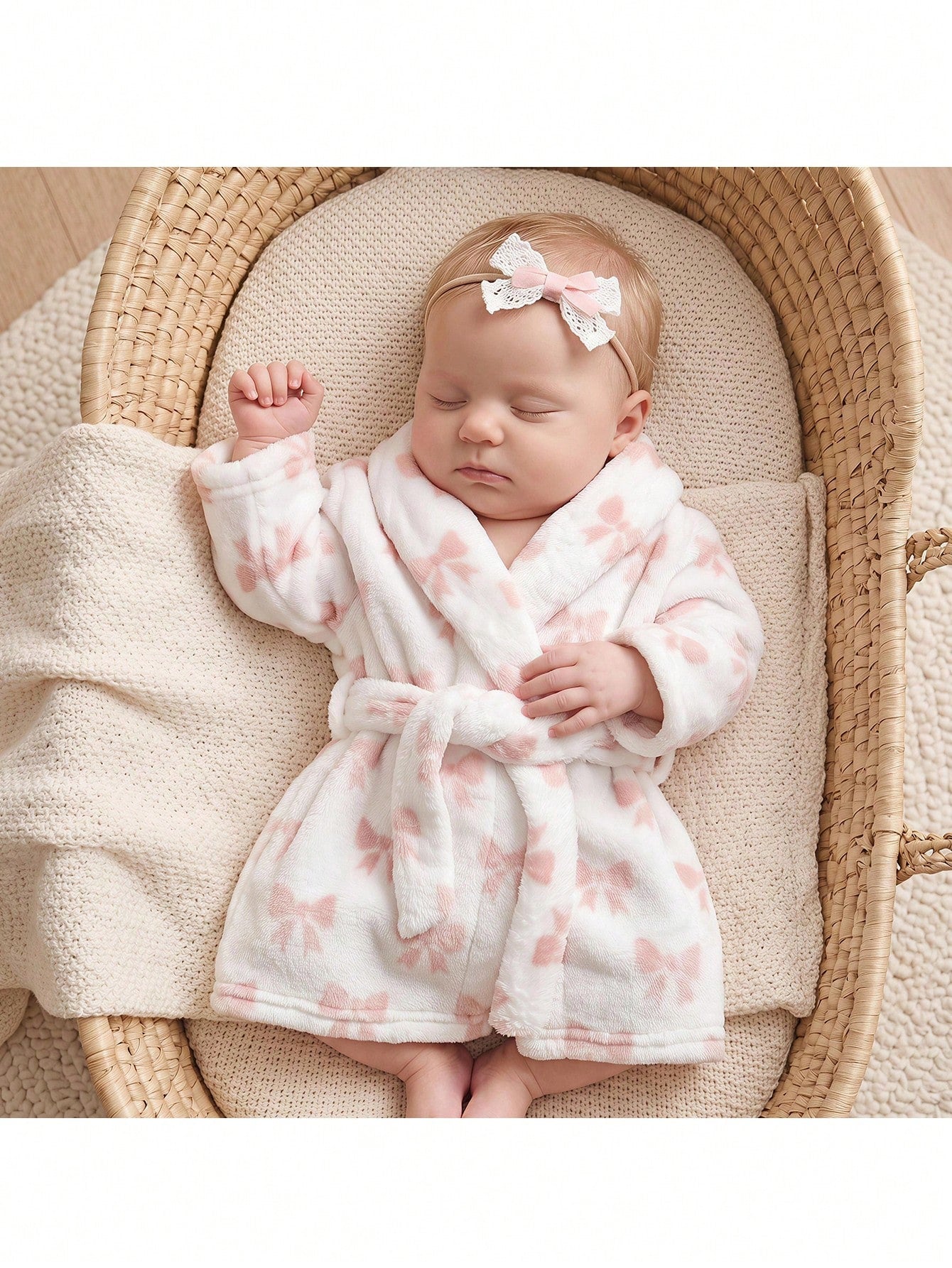 Loomiva Newborn Baby Pajamas Pink Bow Print Belted Long Sleeve Tie-Up Robe Comfortable Loungewear Set, Suitable For Home Wear