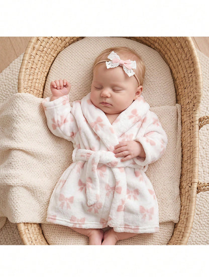 Loomiva Newborn Baby Pajamas Pink Bow Print Belted Long Sleeve Tie-Up Robe Comfortable Loungewear Set, Suitable For Home Wear