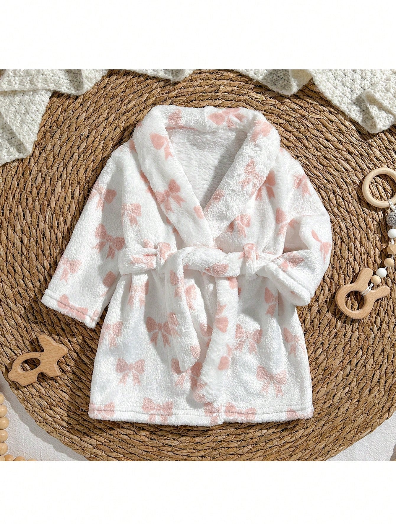 Loomiva Newborn Baby Pajamas Pink Bow Print Belted Long Sleeve Tie-Up Robe Comfortable Loungewear Set, Suitable For Home Wear
