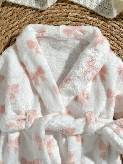 Loomiva Newborn Baby Pajamas Pink Bow Print Belted Long Sleeve Tie-Up Robe Comfortable Loungewear Set, Suitable For Home Wear