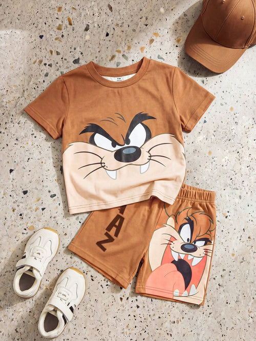 LOONEY TUNES X GraphicGems Baby Boys' Two-Piece Set: Cute Cartoon Character Taz Print Squishy Short-Sleeved Top T-Shirt Shorts Set. Summer Clothing For Toddlers' Casual Alt