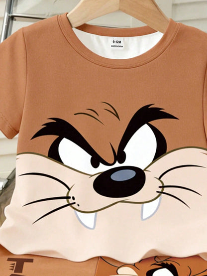 LOONEY TUNES X GraphicGems Baby Boys' Two-Piece Set: Cute Cartoon Character Taz Print Squishy Short-Sleeved Top T-Shirt Shorts Set. Summer Clothing For Toddlers' Casual Alt
