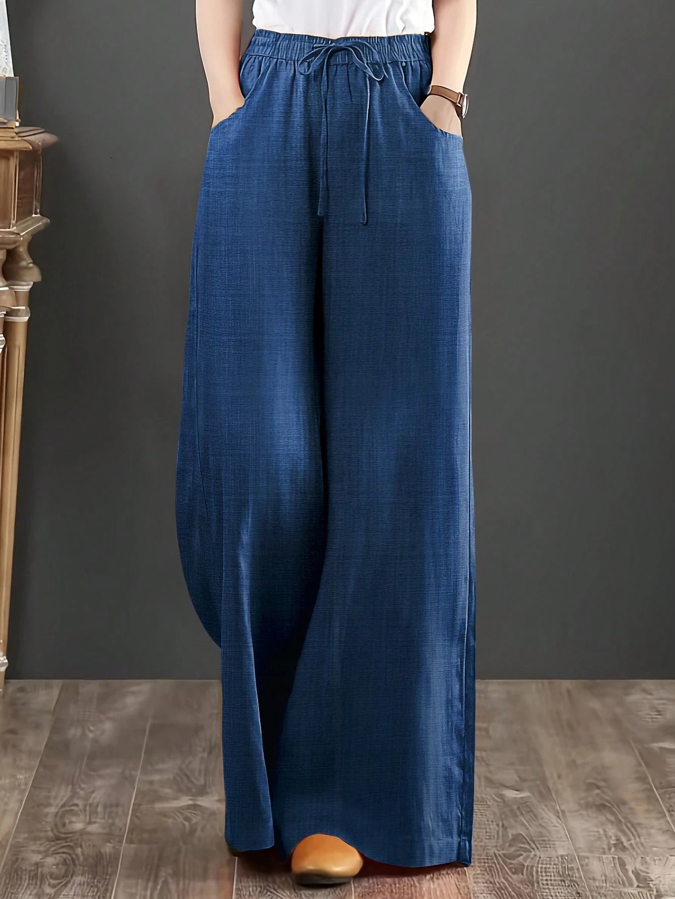 Loose Fit Women's Denim Effect Color Wide Leg Pants, Casual Long Pants With Drawstring Pockets, Creating Comfortable Everyday Look