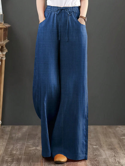Loose Fit Women's Denim Effect Color Wide Leg Pants, Casual Long Pants With Drawstring Pockets, Creating Comfortable Everyday Look