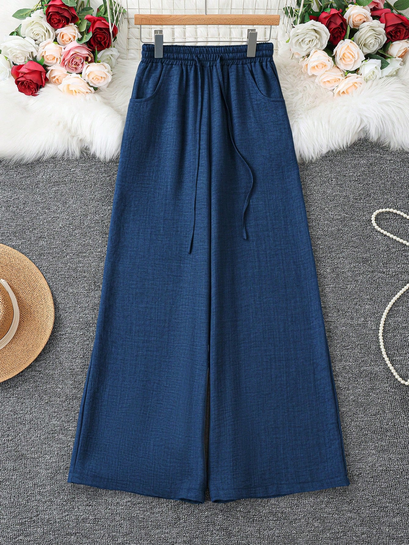 Loose Fit Women's Denim Effect Color Wide Leg Pants, Casual Long Pants With Drawstring Pockets, Creating Comfortable Everyday Look