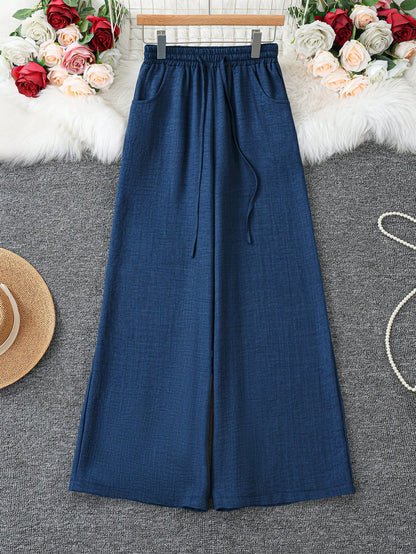 Loose Fit Women's Denim Effect Color Wide Leg Pants, Casual Long Pants With Drawstring Pockets, Creating Comfortable Everyday Look