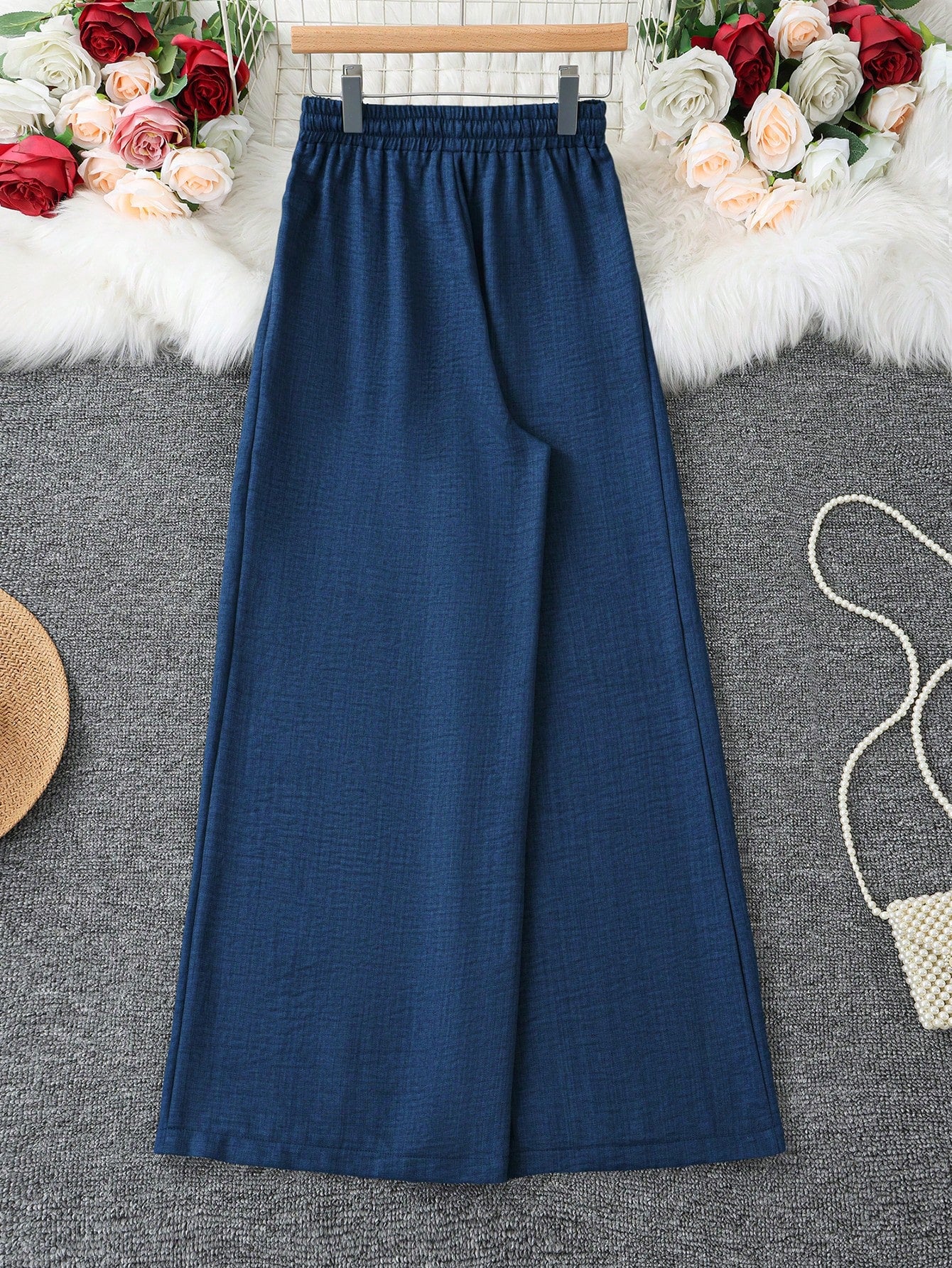 Loose Fit Women's Denim Effect Color Wide Leg Pants, Casual Long Pants With Drawstring Pockets, Creating Comfortable Everyday Look