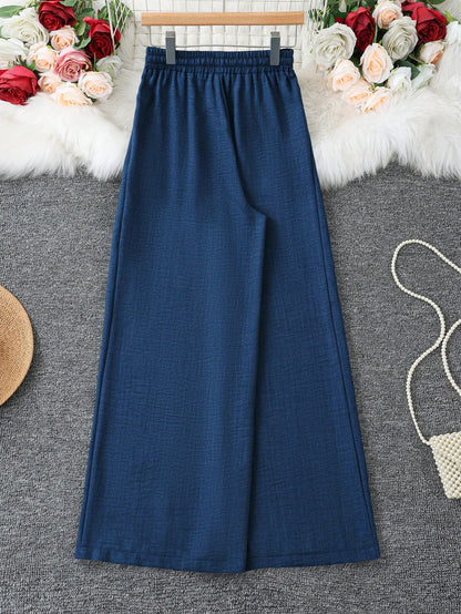 Loose Fit Women's Denim Effect Color Wide Leg Pants, Casual Long Pants With Drawstring Pockets, Creating Comfortable Everyday Look